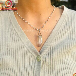 Handmade Clear Quartz Pendant Necklace with Delicate Pearl Chain, Stylish Unisex
